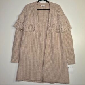 Madewell Beige Chunky Cableknit Fringe Cardigan Sweater M Long Lined Oversized